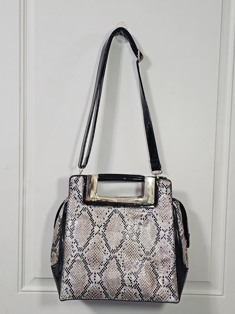 Snake Print Satchel Bag Patent Faux Leather Gold Handle Shoulder Handbag